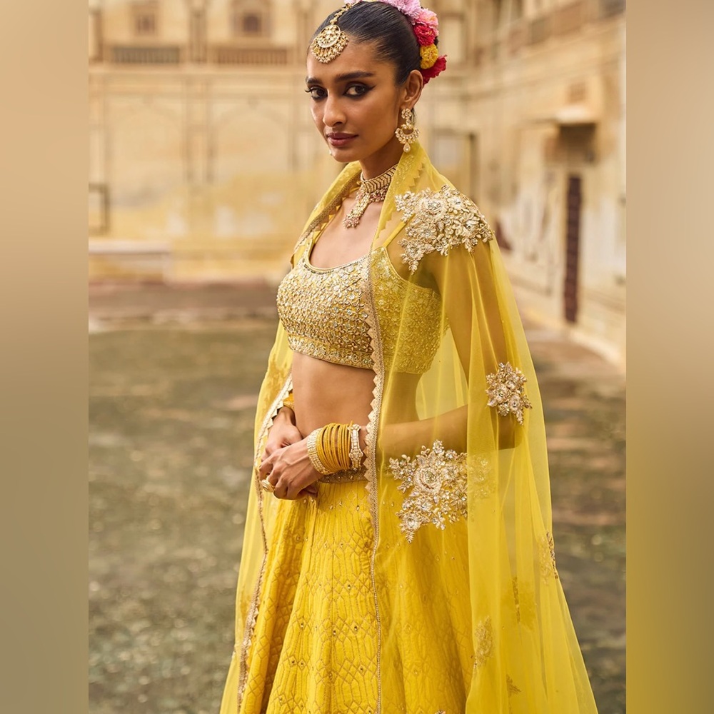 Women’s Yellow Embroidered brocade Lengha for Indian ceremony